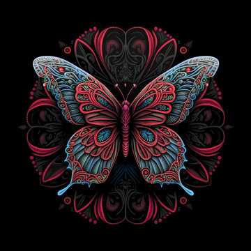 Colorful butterfly mandala art on a black background.  Created with Generative AI technology.