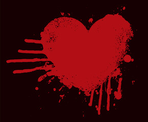 Vector abstract red heart sign with drops and streaks. A bloody heart with spots isolated on a light background. Suitable for valentine card, t-shirt design, tattoo, sticker, design element, greetings