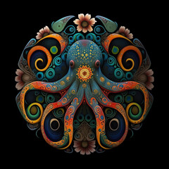 Colorful ornate octopus mandala art on a black background. Created with Generative AI technology.