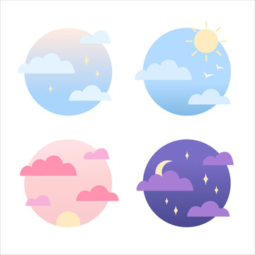 Modern cute beautiful landscape with gradients. Morning, day, dusk and night icon. Sun time vector icons set. Nature landscapes at different day times in pastel colors.