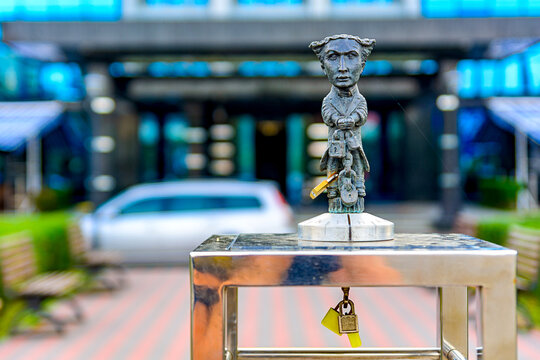 Uzhhorod, Ukraine - September 18, 2016:Sculpture of Harry Houdini. Miniature sculptures by Mikhail Kolodka.