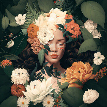 seamless pattern of elegant women with a rose crown and in between magnolias, ladies, orchids, peonys, dalias, in the color style of stickered roses over a light pink coloured background