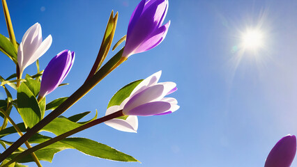 closeup of blooming violet snow crocuses flower with blue sky and shining sun as background, generative AI