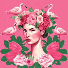 pattern of a woman with a rose crown and in between magnolias, lush on a hot pink  coloured flamingo in the color style of roses over a light pink coloured background