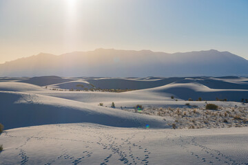 Sunny view of the landscape with some footprints in White Sands National Park