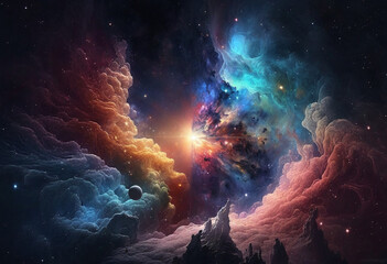 Obraz premium A Celestial AI-Generated Render of the Colorful Universe: Exploring the Glittering Stars, Planets, and Nebulae of the Milky Way