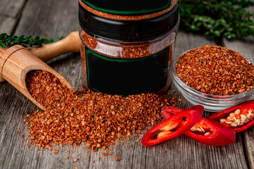 Dried chili peppers packed for sale. Dried spices.