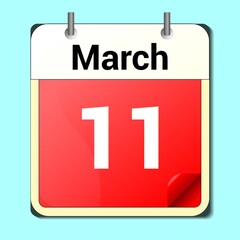 Cube shape calendar for March 11 on wooden surface with empty space for text.