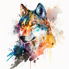 Watercolor wolf portrait painting. Realistic wild animal illustration on white background. Created with Generative AI technology.