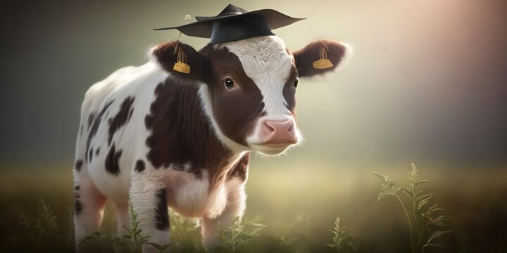 Little Cow Wearing Graduation Hat Illustration, Generative AI