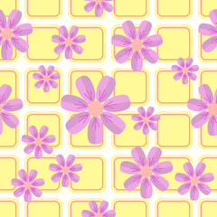 Sakura Pink Flowers On Yellow Squares. Seamless Patterns Background. Vector Illustration. Tablecloth, Picnic mat .