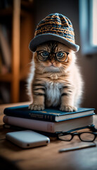 cute cat in a hat and glasses sitting on books. Generative AI