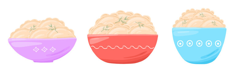 Set with varenyky dumpling pierogi in plate. Vector cartoon illustration