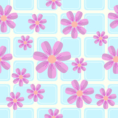 Sakura Flowers On Blue Squares. Seamless Patterns Background. Vector Illustration. Tablecloth, Picnic mat wrapper.