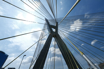 Closeup of cable stayed bridge avenue marginal Pinheiros in Sao Paulo, Brazil