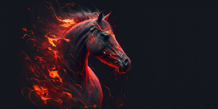 Beautiful black horse in red flames, fantasy, generative AI