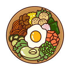 
Vegetable,egg and salmon poke bowl, hand drawing. Vector food illustration top view. Healthy food concept