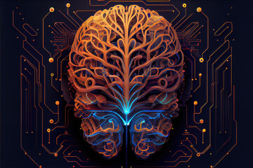 Wired brain with with neurons - artificial intelligence in circuit board with electronic chipset in cyberspace. Generative AI