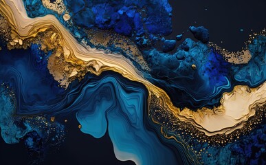 Obraz premium Ink idigo navy blue Gold and blue marbling abstract background - Generative AI