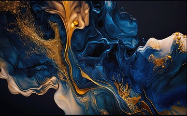Ink idigo navy blue Gold and blue marbling abstract background - Generative AI - obrazy, fototapety, plakaty