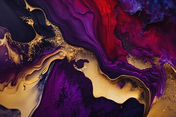 Ink idigo navy blue Gold and red marbling abstract background - Generative AI