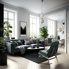 Fototapeta na wymiar Interior design of modern scandinavian apartment, living room 3d rendering