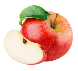 Ripe red apple fruit with apple slice with seed and green leaf isolated on transparent background