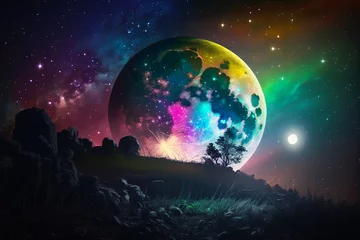 Photo sur Plexiglas Anti-reflet Pleine Lune arbre Magical night background with full moon, beautiful rainbow at starry night. Fairytale night astronomy starry night landscape. Dreamy fantasy tree and luna moon in fairy epic composition. Generative AI