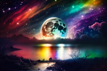 Magical night background with full moon, beautiful rainbow at starry night. Fairytale night astronomy starry night landscape. Dreamy fantasy tree and luna moon in fairy epic composition. Generative AI