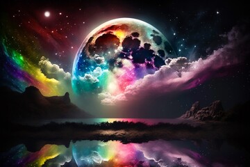 Fototapeta na wymiar Fairytale night astronomy moonlight landscape. Magical night background with full moon and beautiful rainbow at starry night. Dreamy fantasy tree and luna moon in fairy epic composition. Generative AI