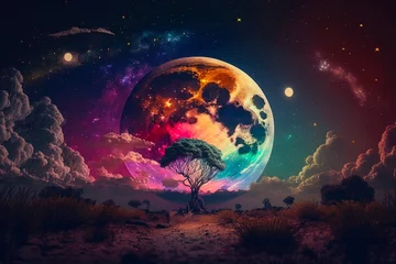 Papier Peint photo Pleine Lune arbre Magical night background with full moon, beautiful rainbow at starry night. Fairytale night astronomy starry night landscape. Dreamy fantasy tree and luna moon in fairy epic composition. Generative AI