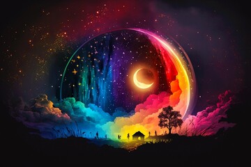 Fototapeta na wymiar Magical night background with full moon, beautiful rainbow at starry night. Fairytale night astronomy starry night landscape. Dreamy fantasy tree and luna moon in fairy epic composition. Generative AI