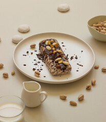 Vegan dessert with almonds and peanuts on the table, food concept