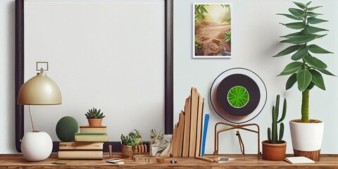 The stylish interior with mock up poster frame, avocado plant, succulent, books, wooden slice, lama pot and office accessories. Generative AI.