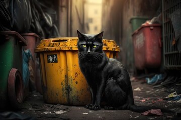 Fototapeta na wymiar Black street cat sitting on dumpster in an alley, concept of Urban Decay and Feral Animals, created with Generative AI technology