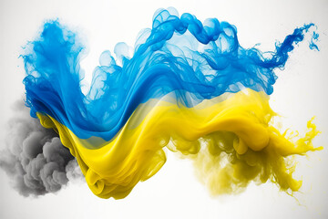 The Colors of a Nation: The Ukraine Flag Soaring Amidst the Smoke and Waves. Generative AI