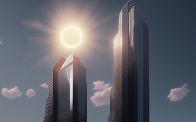 view of the top of a large building on a summer day, with the sun in front of it. eclipse.