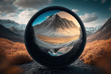 Lens filter on background of beautiful mountain landscape, concept of optical effects, Nature photography, travel and color correction, created with Generative AI technology