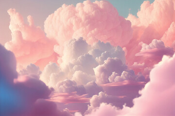 Background of fluffy baby pink pastel cotton candy clouds in the sky. Generative AI   - obrazy, fototapety, plakaty