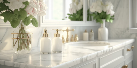 Elegant white bathroom interior with marble countertop with copy space and bathroom appliances product.	