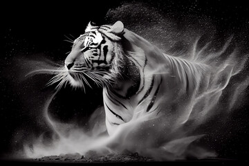 Abstraktes schwarz weißes Tiger  Kunstwerk mit Farbspritzer isoliert auf weißen Hintergrund. Perfektes Wandbild - Generative Ai
