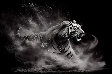 Obraz na płótnie Canvas Abstraktes schwarz weißes TigerKunstwerk mit Farbspritzer. Perfektes Wandbild - Generative Ai 