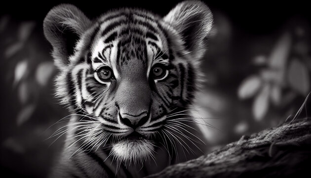 Schwarz weiß Portrait von einem Tiger Baby. Perfektes Wandbild - Generative Ai
