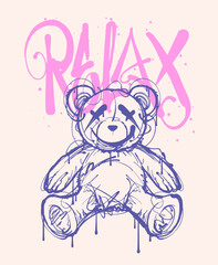 hand drawn illustration of teddy bear sketch with slogan print design