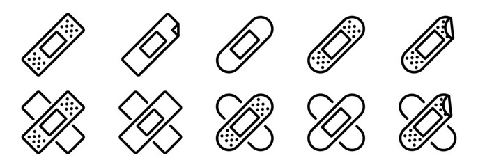 Medicine plaster vector icon set. Plaster collection. Medical plasters. Adhesive bandages. Medical elastic patch icons.