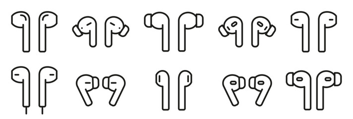  Headphones icon set. Earphones icon collection. Earbuds icons. AirPods vector icons. Flat vector earphones. - obrazy, fototapety, plakaty