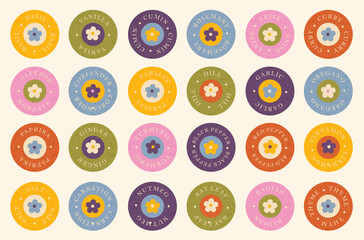 Vector set of stickers for spices in a groovy color stile of the 70s. Retro stickers for seasonings and spices.

