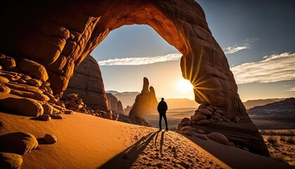 Man standing in the middle of a desert near a rock arch with the sun shining through the arch in the distance, with a mountain in the background. Generative AI