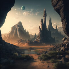 Future concept of the landscape in a far away an alien planet. Landscape contains mountains and a planet in the sky. AI Generated.