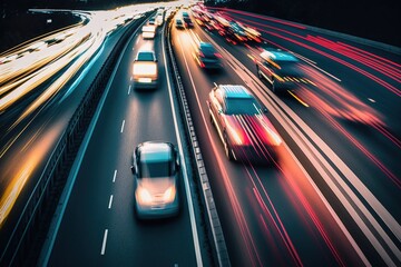 Fototapeta premium Vehicles at sunset moving fast on a wide highway, long exposure with trails of lights. Ai generative
